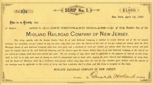 Garret A. Hobart signed Midland Railroad Co. of New Jersey